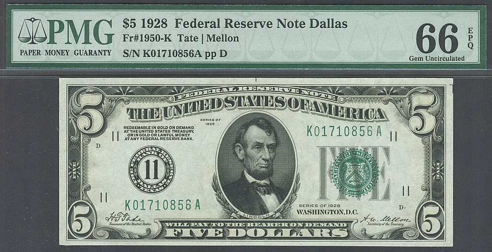 Fr.1950-K, 1928 $5 Dallas Federal Reserve Note, GemCU, PMG66-EPQ